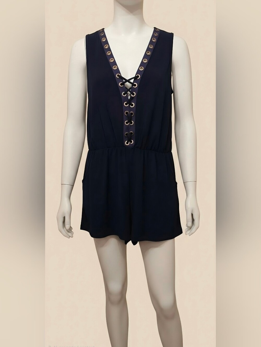 PINC DESIGNER, Women's Dark Navy Lace-Up Dressy Sheath Romper